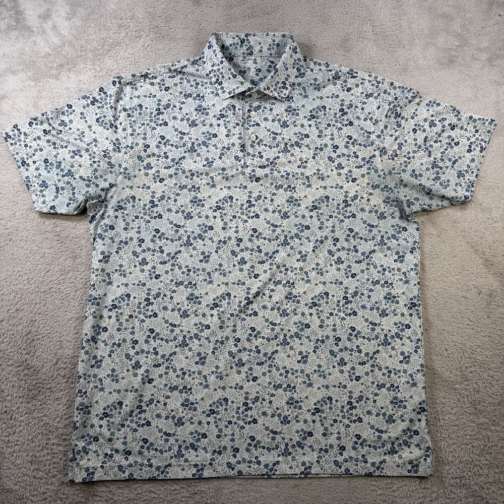 Rhoback Polo Shirt Mens XL White Blue Floral Golf Performance Stretch Active